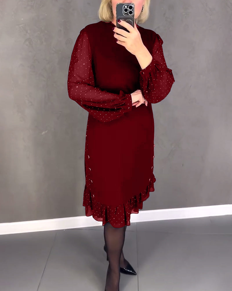 Round Neck Sheer Dot Sleeve Ruffle Hem Shift Midi Dress