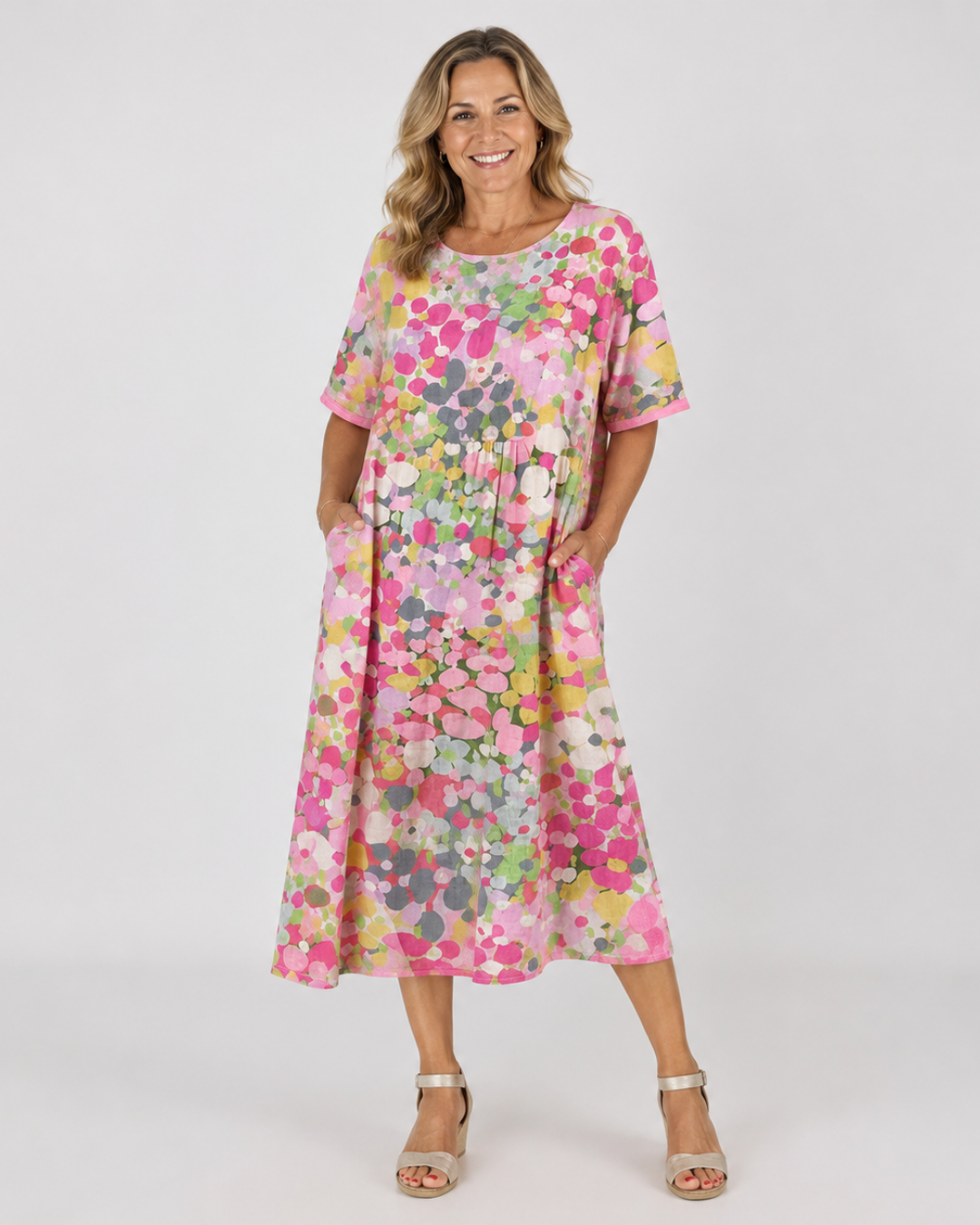 Floral Dot Print Round Neck Short Sleeve Midi Dress