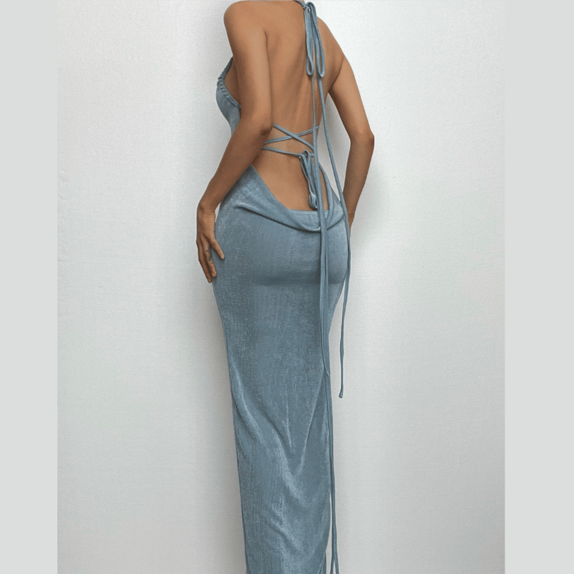 Knit Backless Cowl Neck Maxi Dress