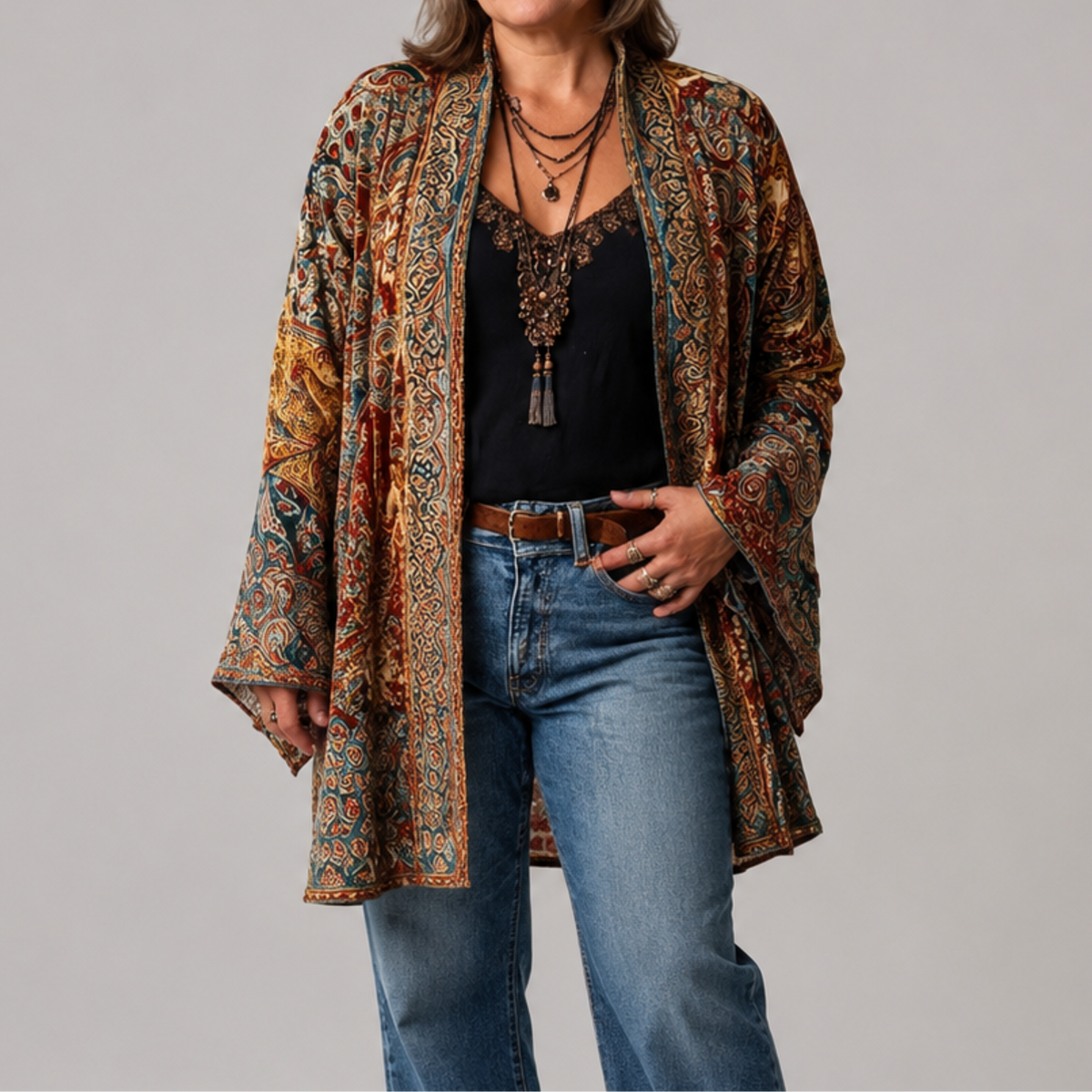 Paisley Print Velvet Open Front Kimono Jacket