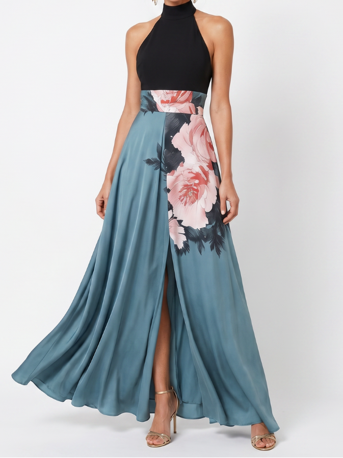 Halter Neck Floral High Split Maxi Dress