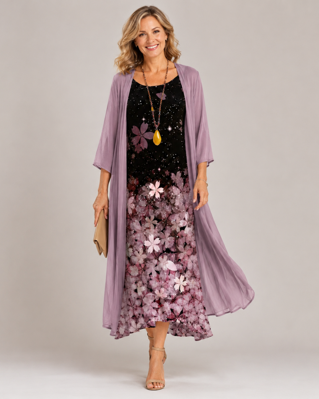 Floral Sleeveless Dress and Longline Chiffon Duster Two Piece Set