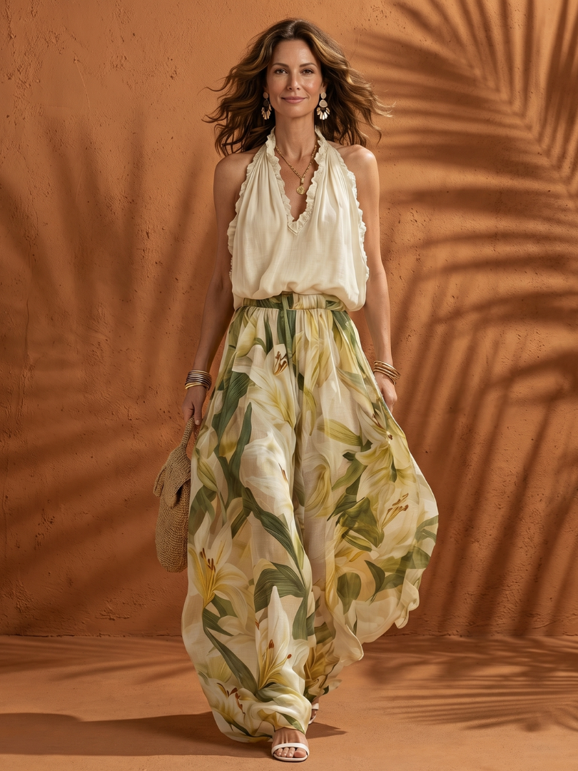 Halter Neck Ruffle Top and Floral Wide Leg Pants Two Piece Set