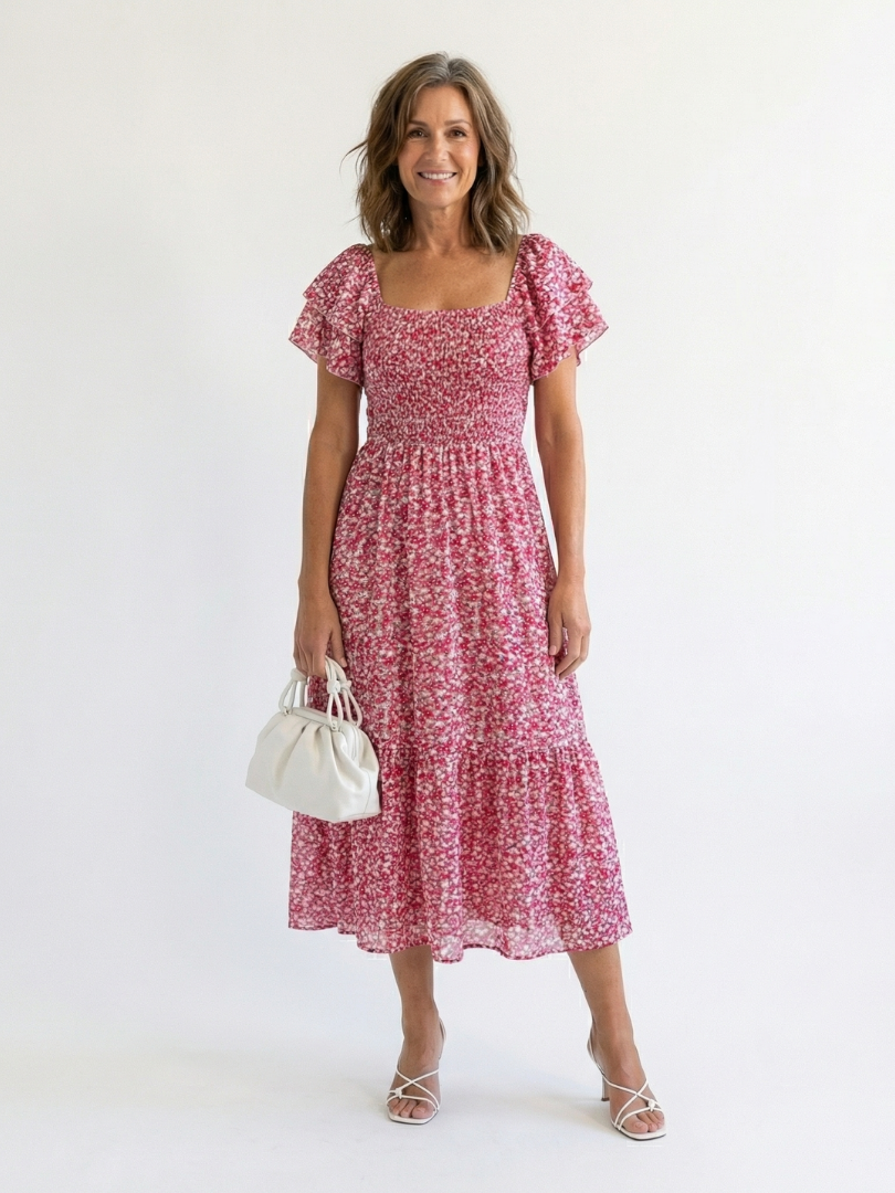 Floral Square Neck Flutter Sleeve Smocked Tiered Midi Dress