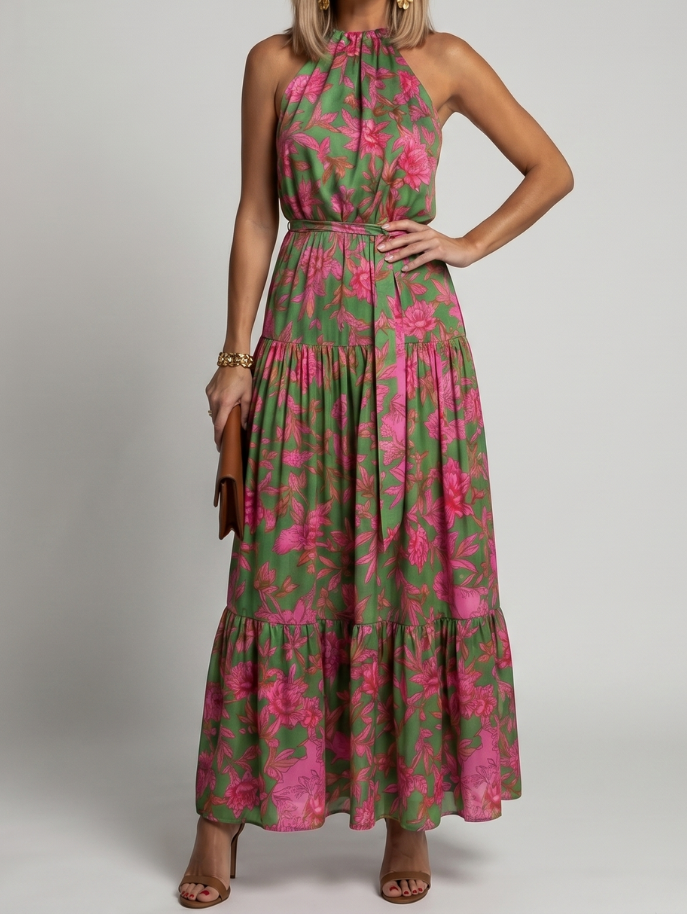 Floral Halter Neck Tiered Maxi Dress