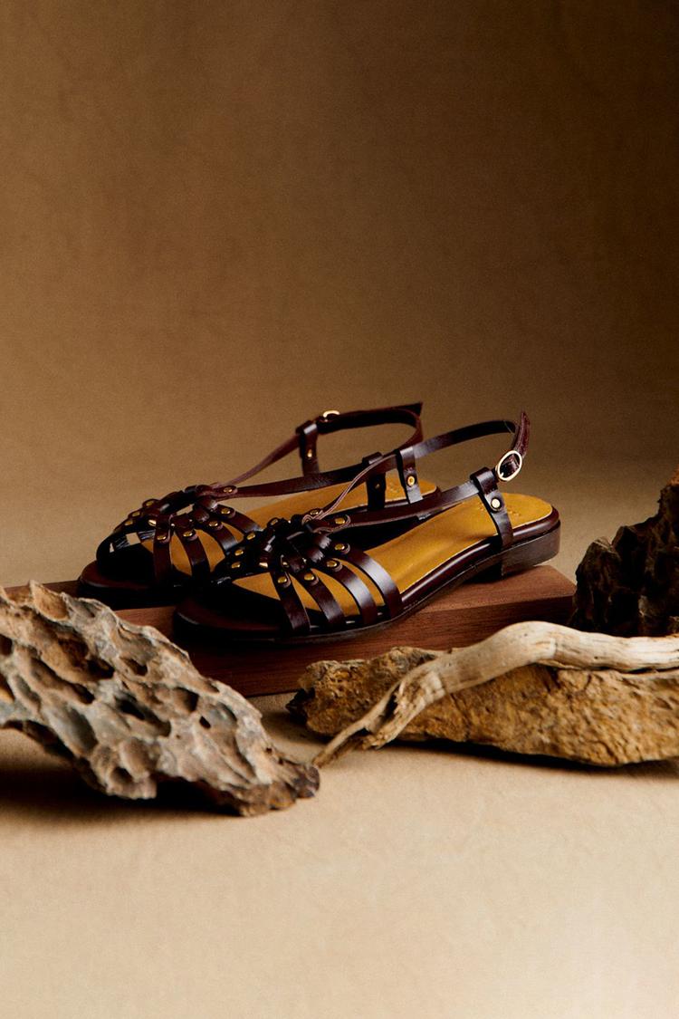 Woven Strap Studded Ring Slingback Flat Sandals