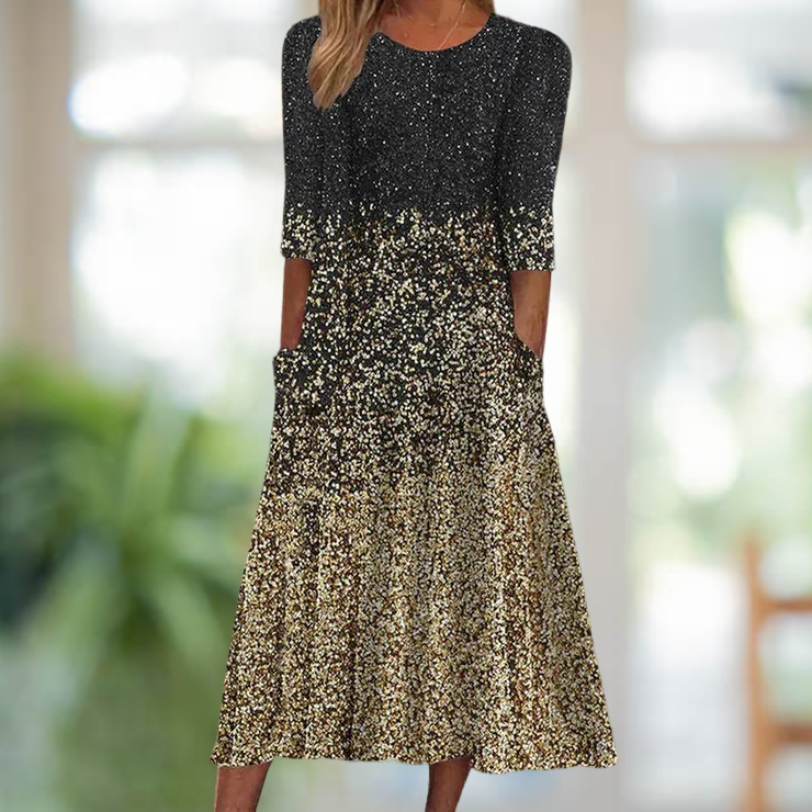 Gradient Print Three Quarter Sleeve Pocket A-Line Midi Dress