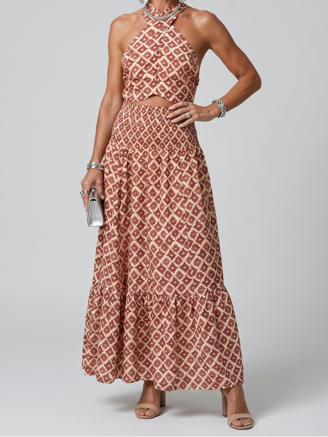 Halter Neck Cut Out Geometric Print Tiered Maxi Dress