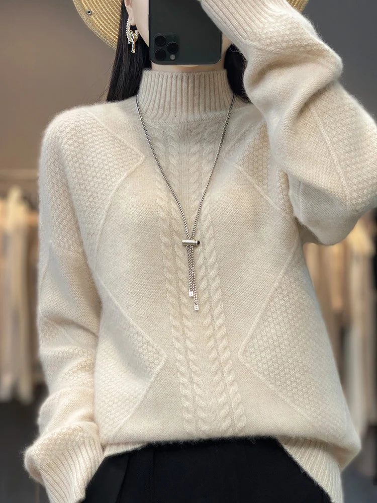 Mock Neck Long Sleeve Cable Knit Sweater