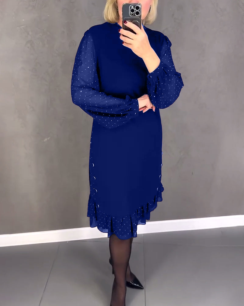 Round Neck Sheer Dot Sleeve Ruffle Hem Shift Midi Dress
