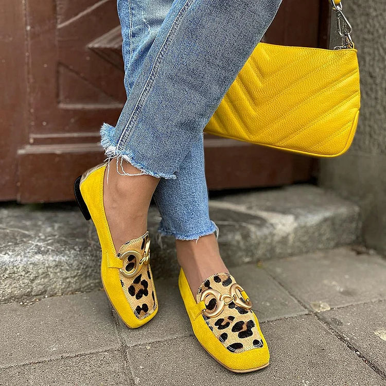 Square Toe Leopard Panel Buckle Loafers