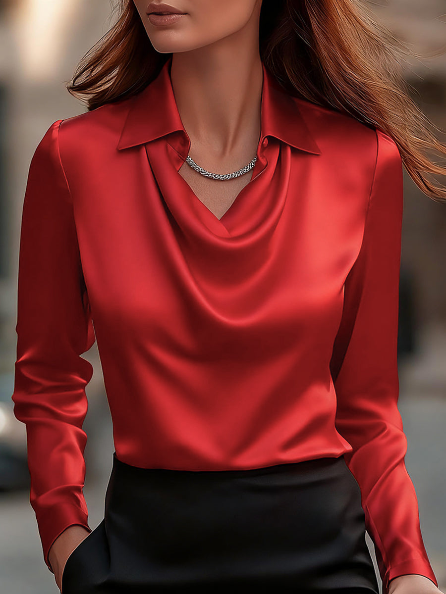 Satin Cowl Neck Collared Long Sleeve Blouse