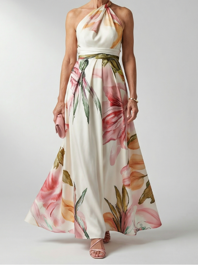 One Shoulder Floral Belted Satin Maxi Dress