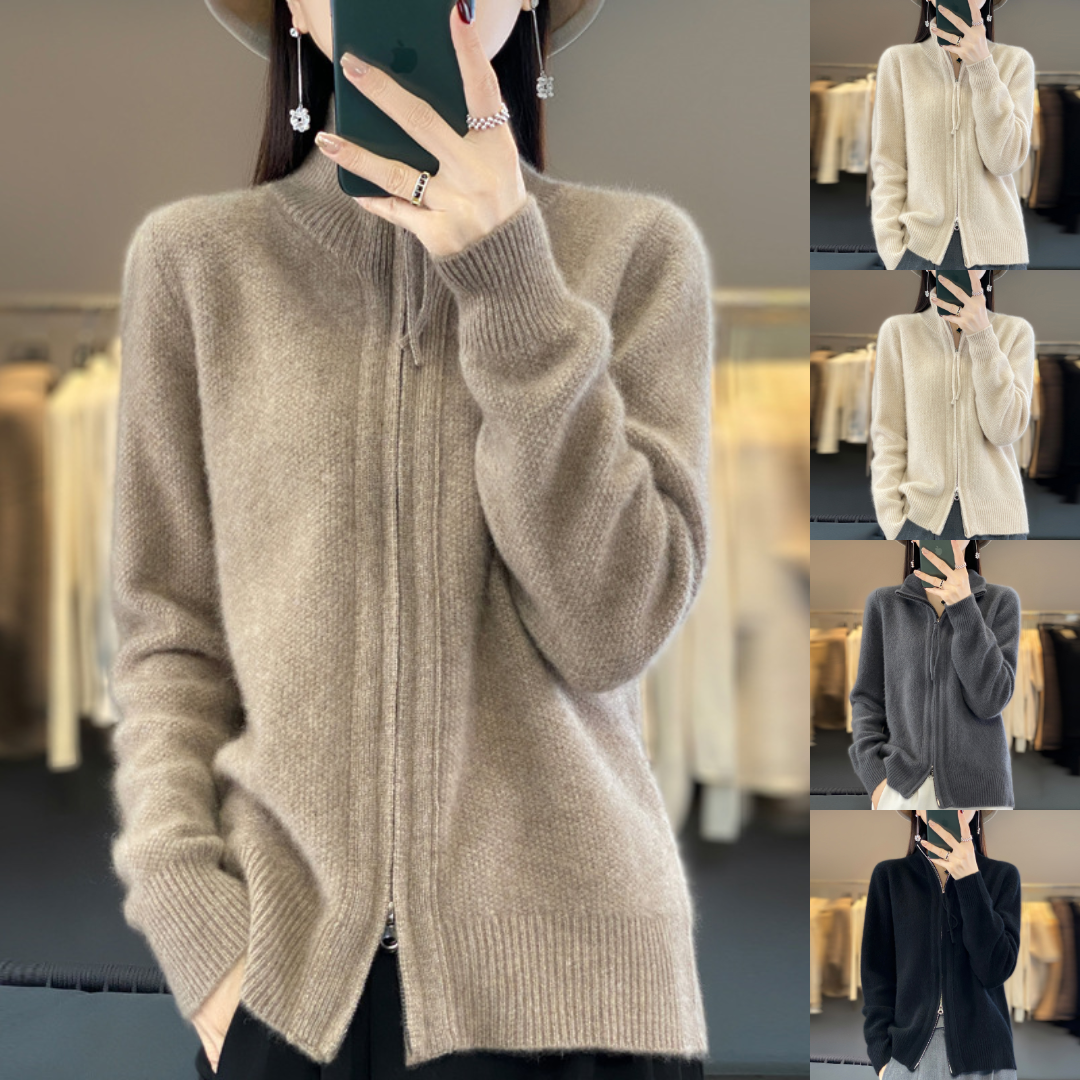 Mock Neck Double Zip Front Ribbed Knit Cardigan