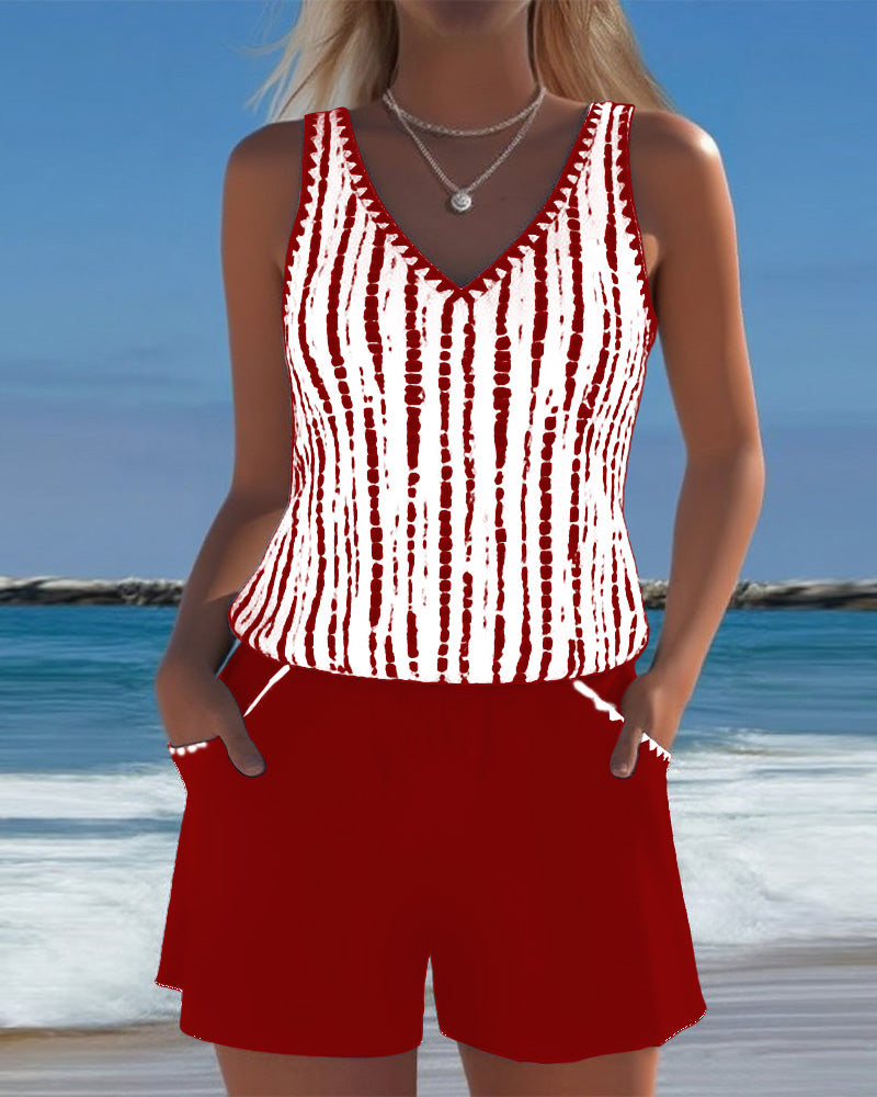 Striped V-Neck Sleeveless Pocket Playsuit