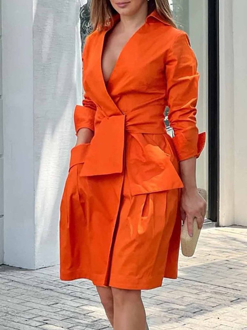 Orange Draped Cotton Wrap Shirt Dress