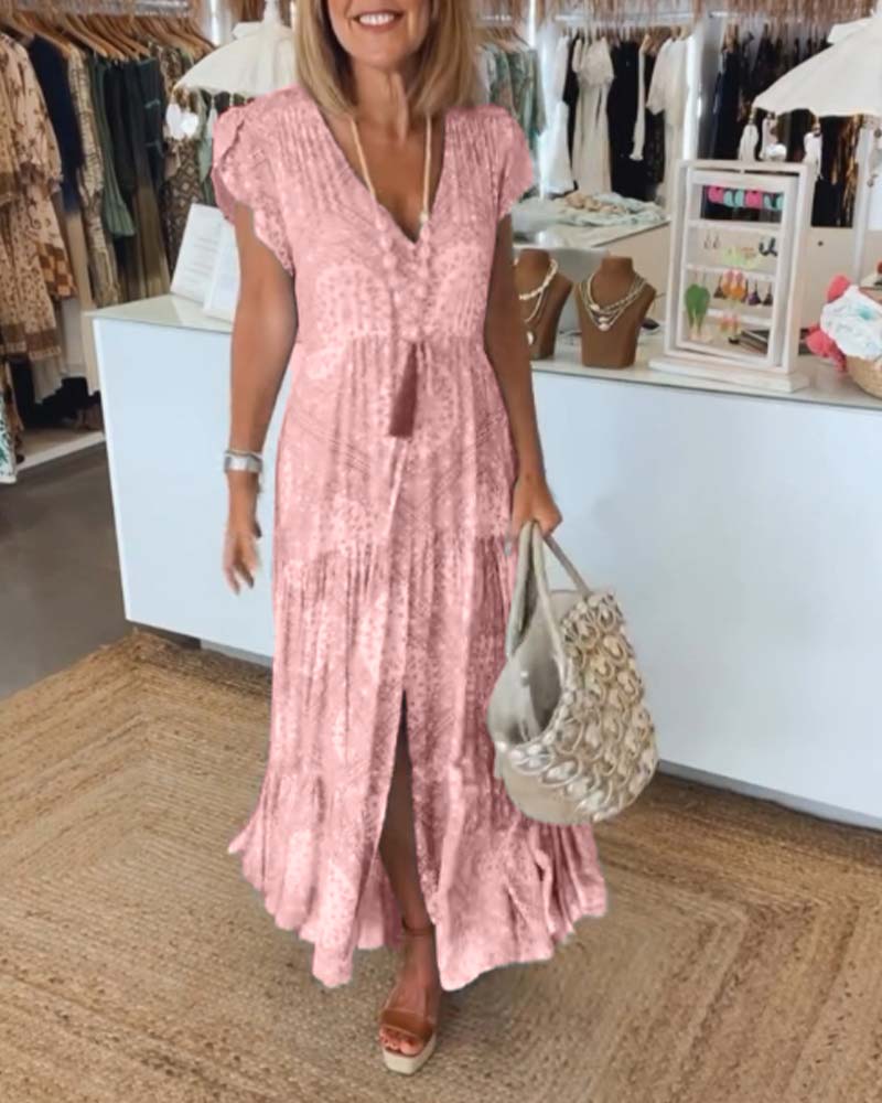 V-Neck Flutter Sleeve Buttoned Tiered Boho Maxi Dress
