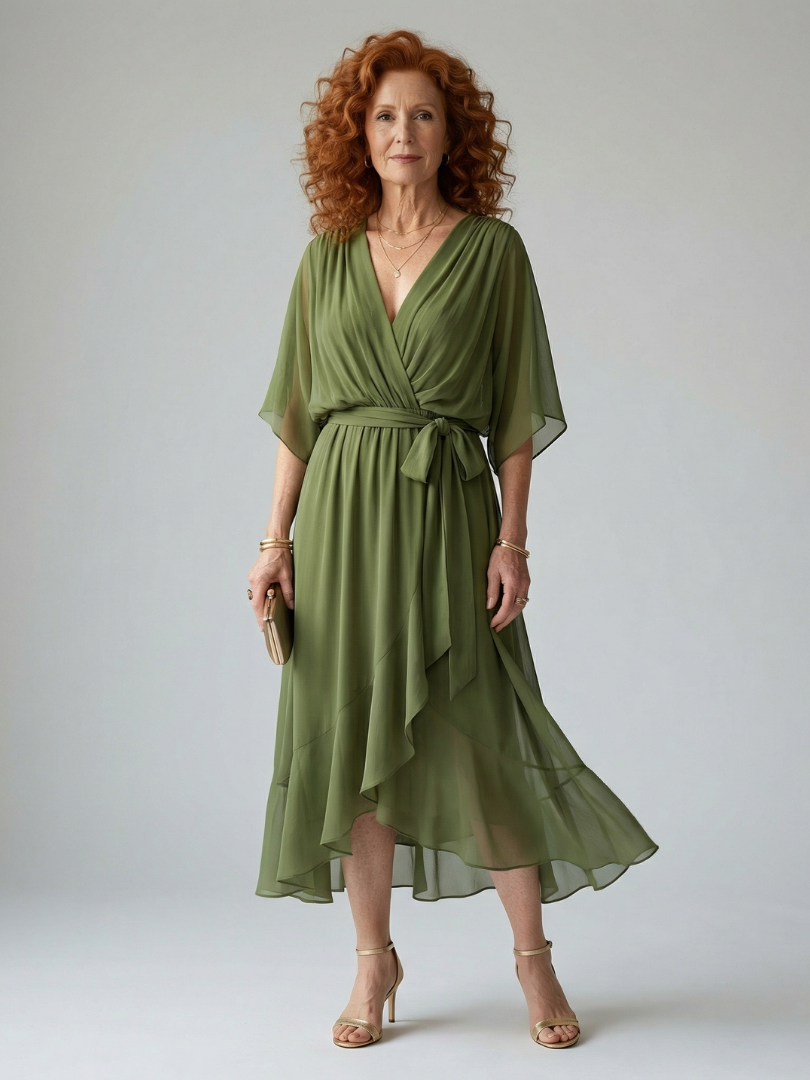 Chiffon V-Neck Kimono Sleeve Belted Ruffle Midi Dress