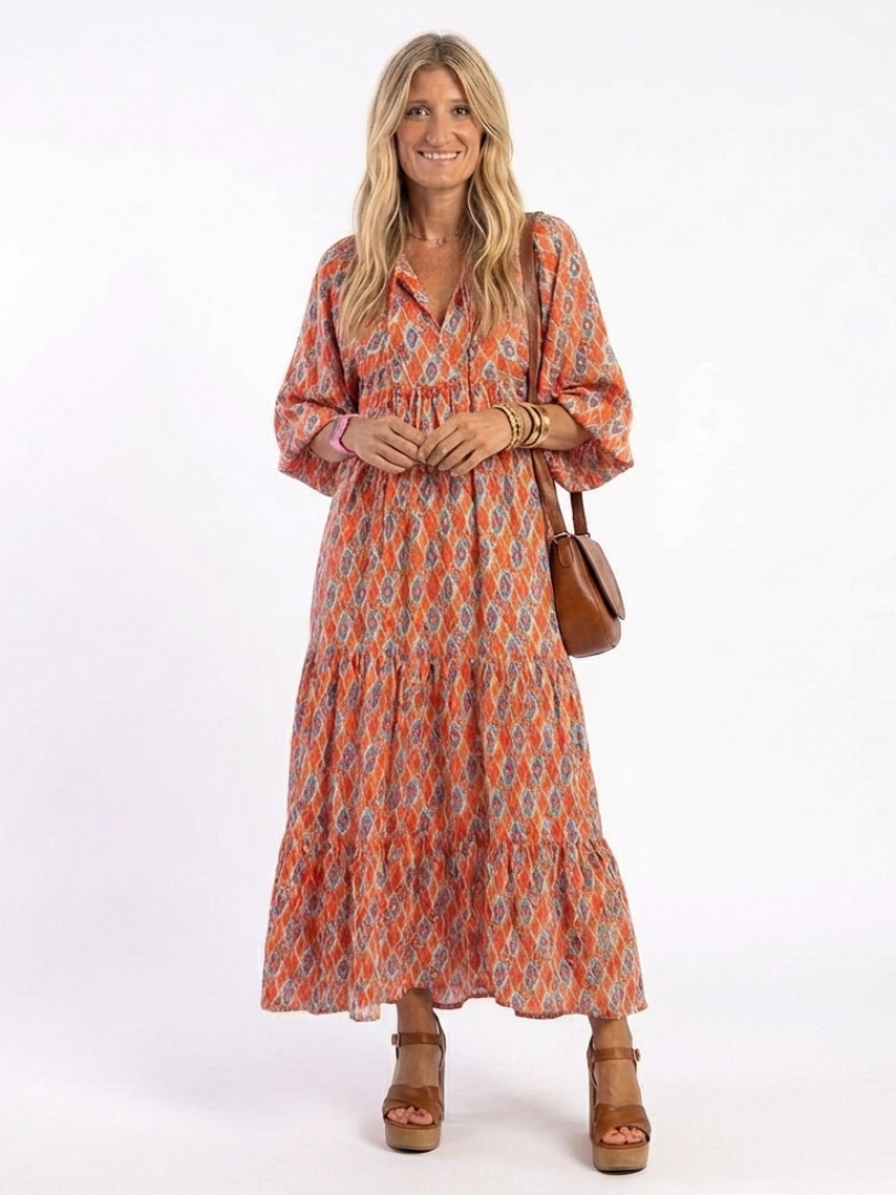 Ikat Print V-Neck Puff Sleeve Tiered Maxi Dress