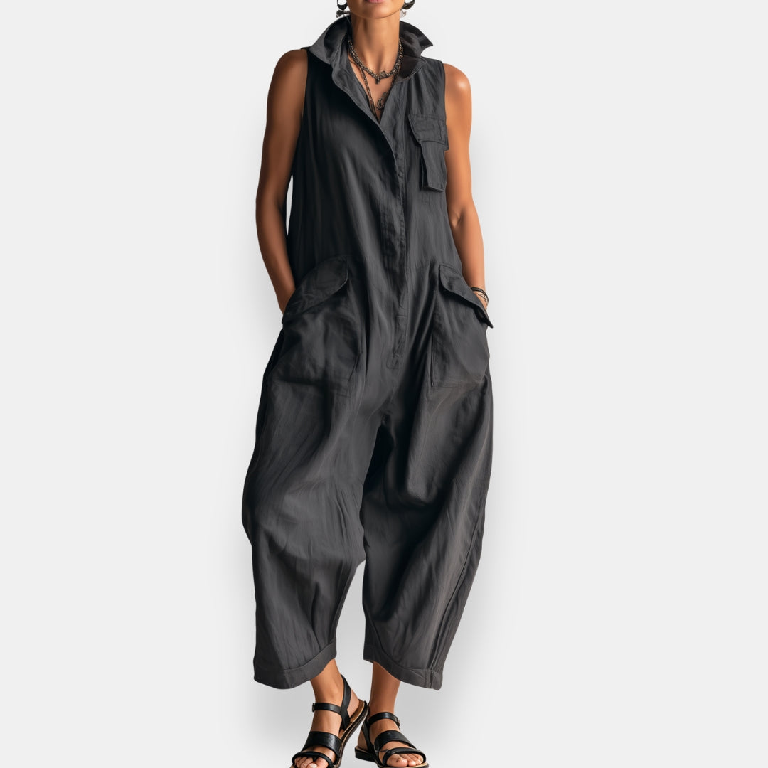 Sleeveless Collared Flap Pocket Wide Leg Cargo Jumpsuit