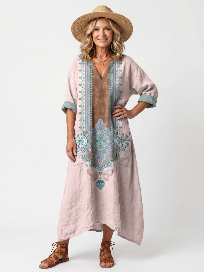 Border Print V-Neck Pocket Kaftan Maxi Dress