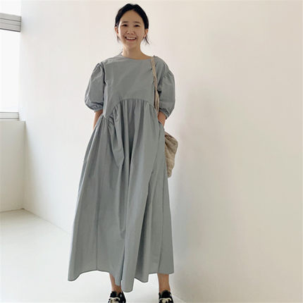 Puff Sleeve Round Neck Empire Waist Gathered Maxi Summer Dress