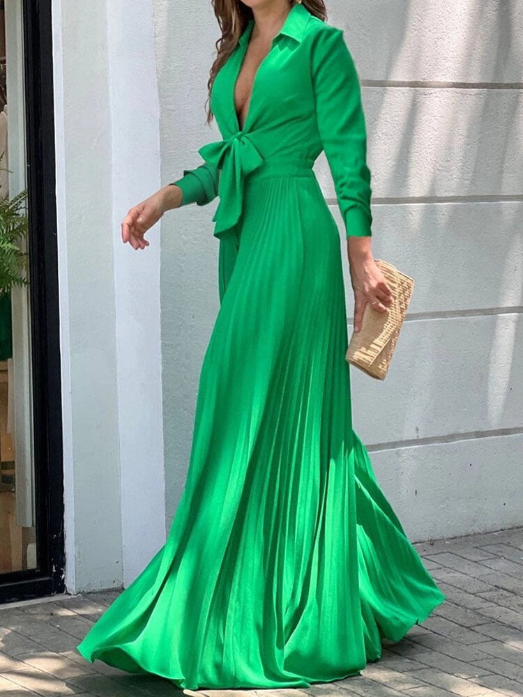 Floral Print Shirt Collar Deep V-Neck Tie Waist Long Sleeve Maxi Dress