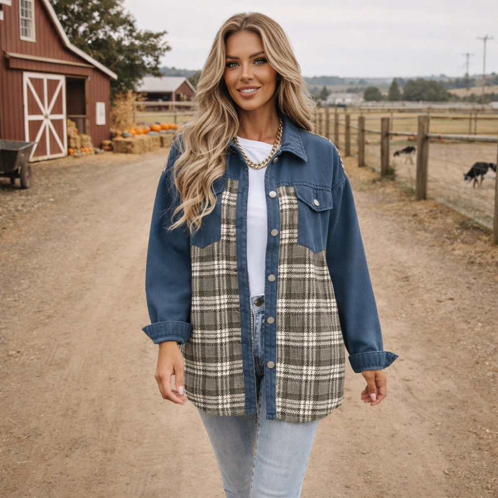 Denim Jacket with Plaid Patchwork and Button Closure
