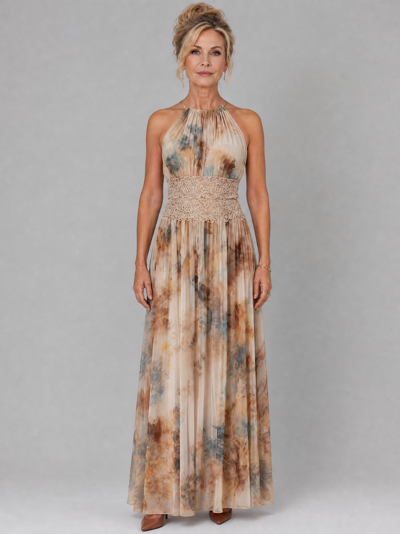 Marble Print Halter Neck Crochet Waist Maxi Dress