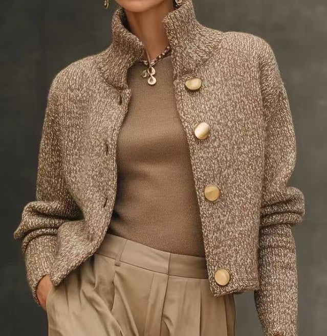 Stand Collar Button Front Cropped Knit Cardigan