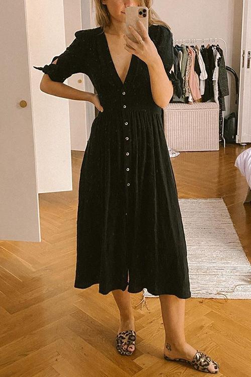Deep V-Neck Puff Sleeve Tie Cuff Button Front Wide Waistband A-Line Midi Dress