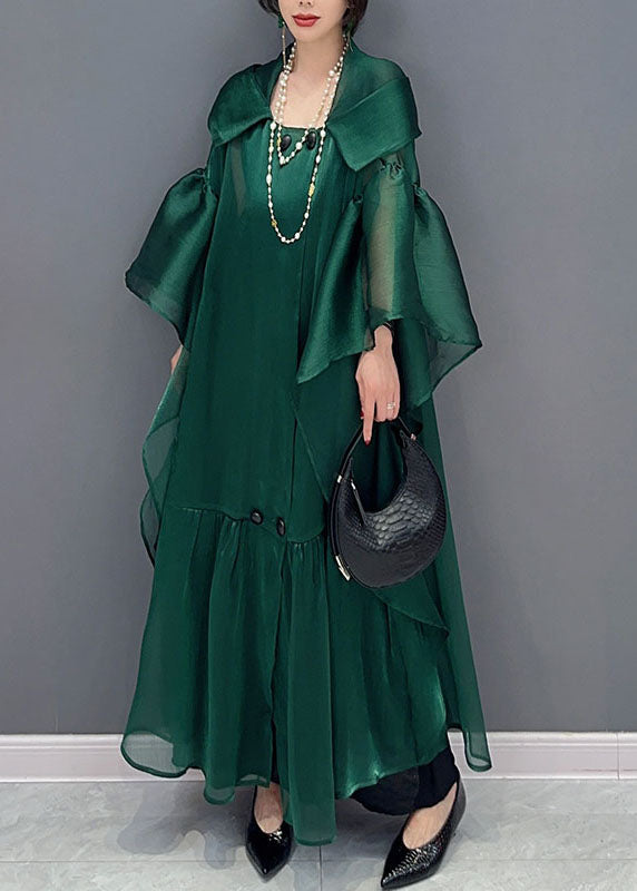 Sheer Pointed Collar Bell Sleeve Tiered Ruffle Oversized Midi Dress