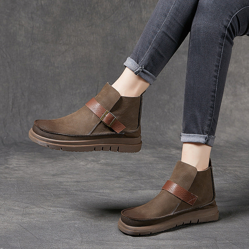 Mori Style Ankle Booties For Women Brush-Off Leather Buckle Boots in Coffee/Khaki