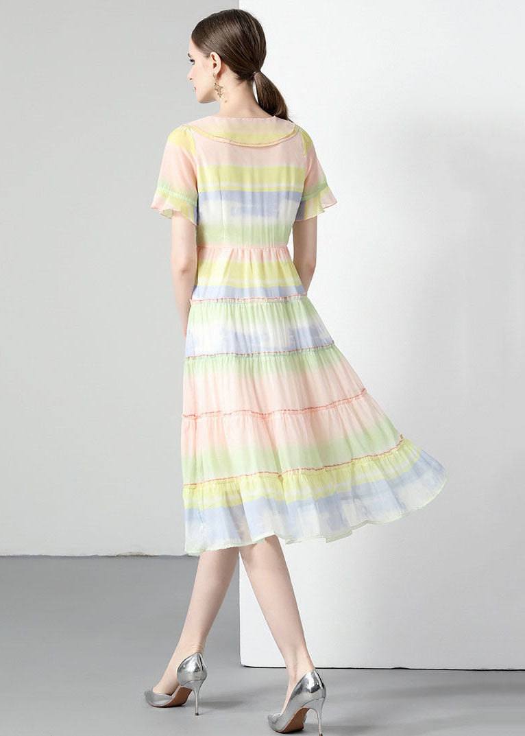 Tie Dye Stripe Peter Pan Collar Button Front Tiered Chiffon Midi Dress