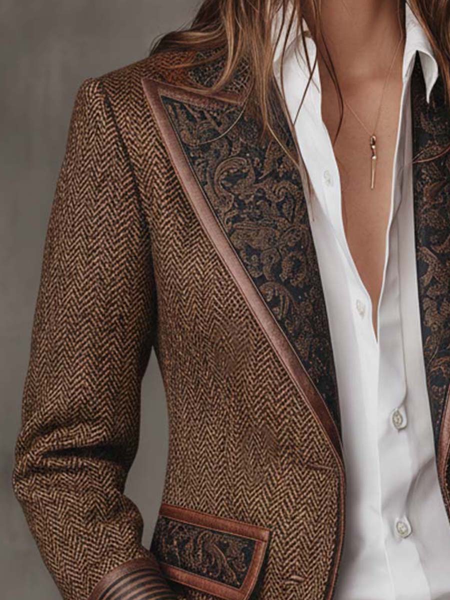 Herringbone Paisley Panel Faux Leather Trim Blazer
