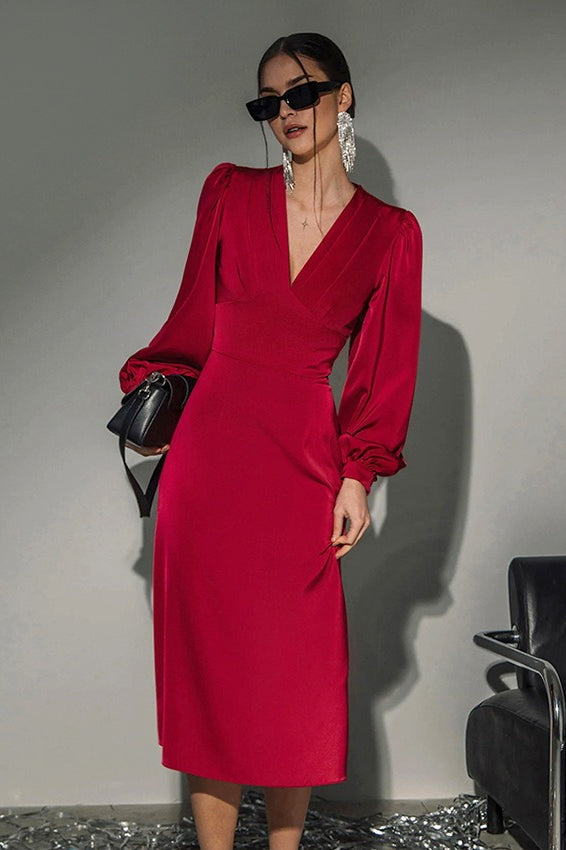 Satin Deep V-Neck Puff Sleeve Ruched Mermaid Midi Dress