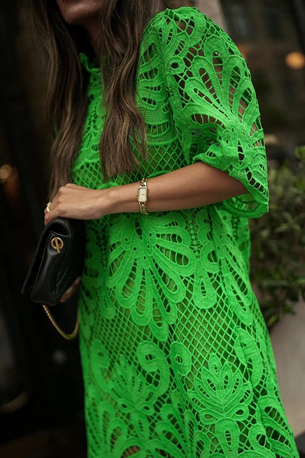 Crochet Lace High Neck Short Sleeve Shift Mini Dress
