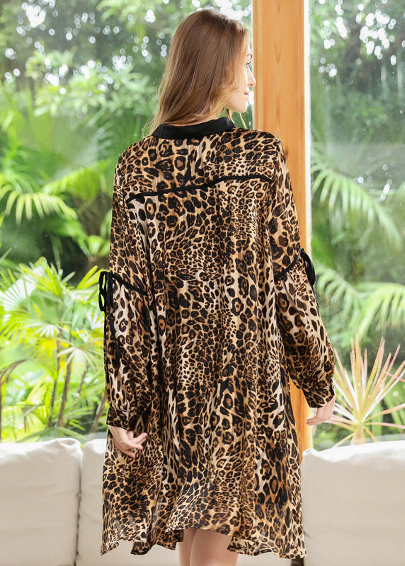 Animal Print Contrast Collar Bishop Sleeve Ribbon Tie Shirt Mini Dress