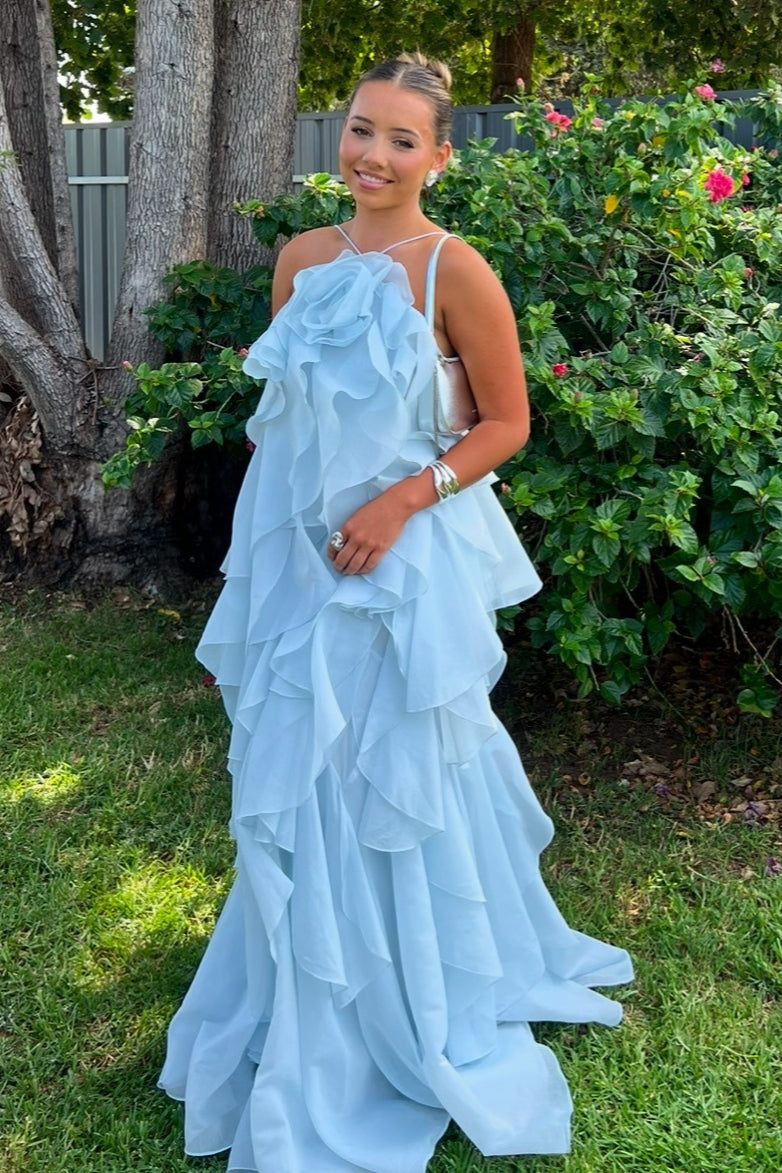 3D Floral Halter Neck Tiered Ruffle Maxi Gown