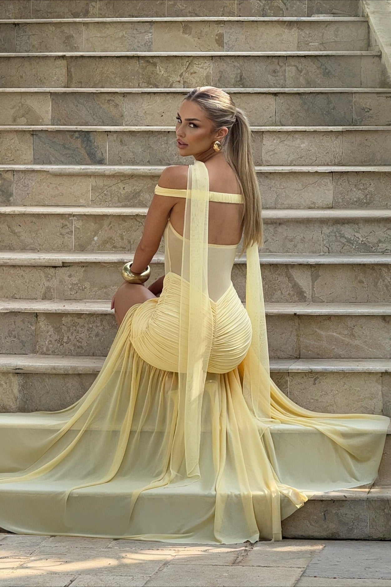 Off Shoulder Ruched Backless Mermaid Maxi Prom Dress