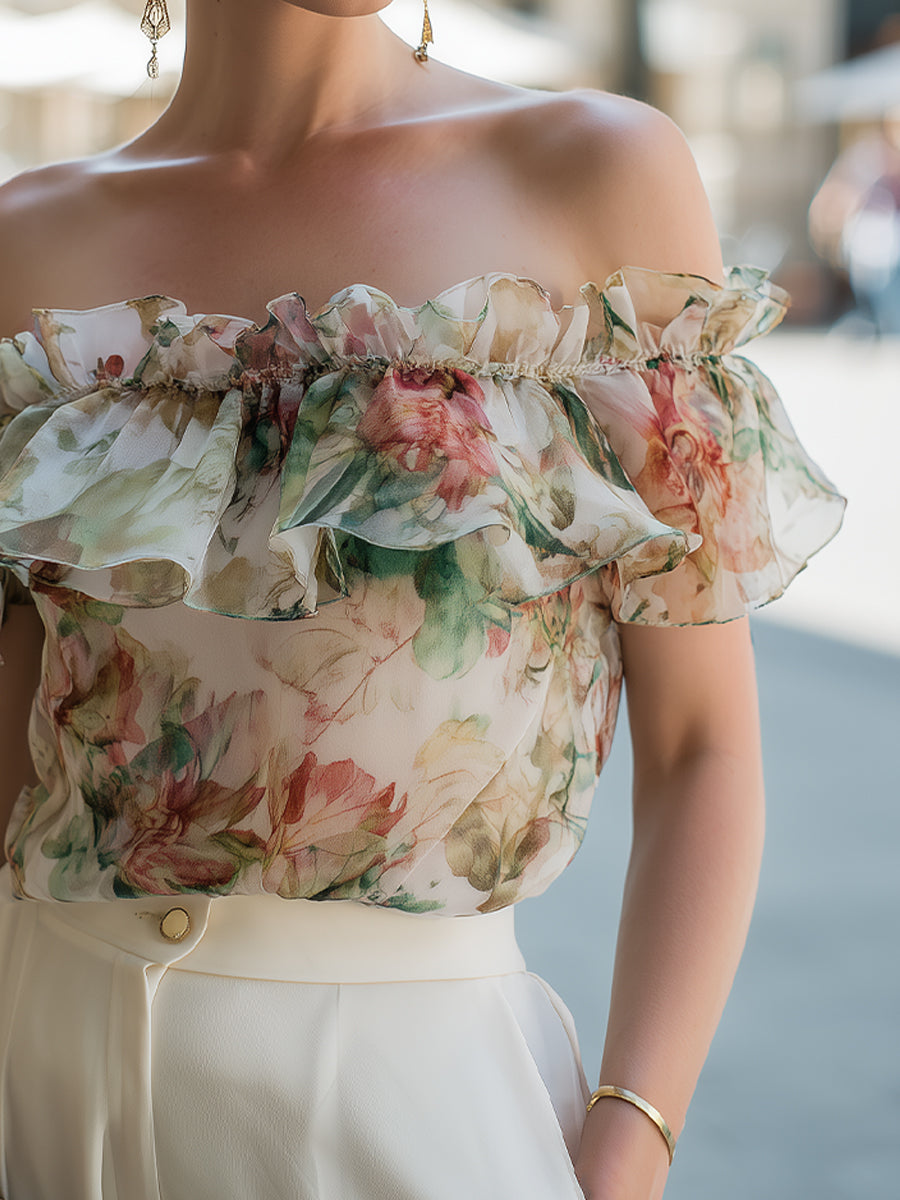 Floral Off Shoulder Ruffle Chiffon Top