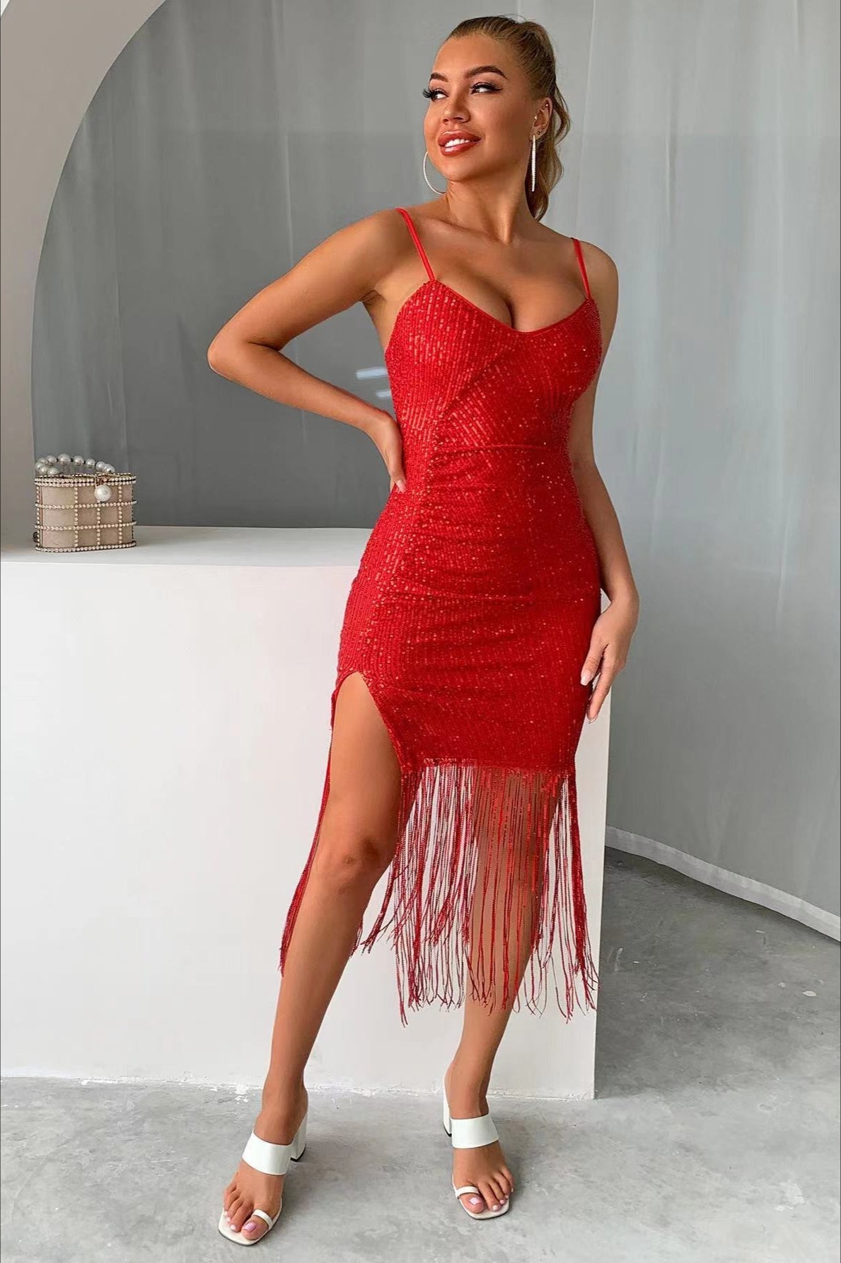 Spaghetti Strap Deep V-Neck Sequin Fringe Bodycon Mini Party Dress