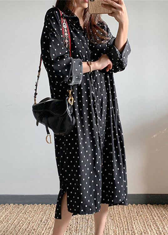 Polka Dot Shirt Collar Long Sleeve Side Slit Midi Shirt Dress