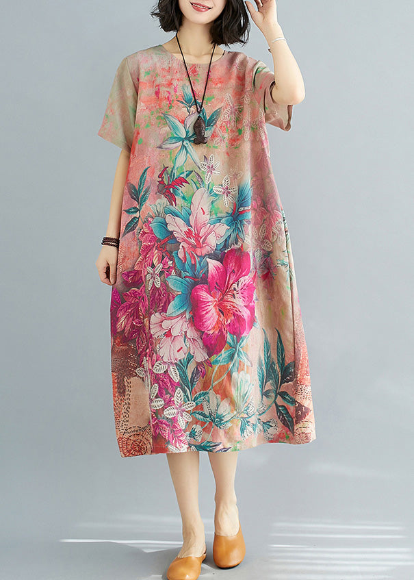 Floral Print Crew Neck Short Sleeve Pocket Oversized Midi Dress