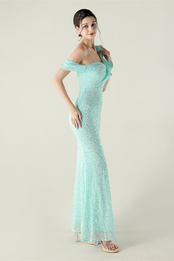 Sequin One Shoulder Ruffle High Split Mermaid Gown