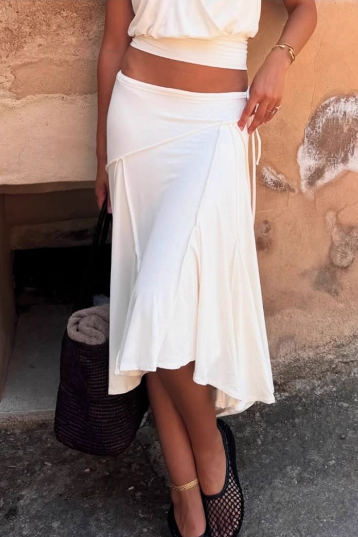 Low Rise Seamed Panel Asymmetric Handkerchief Hem Midi Skirt 4