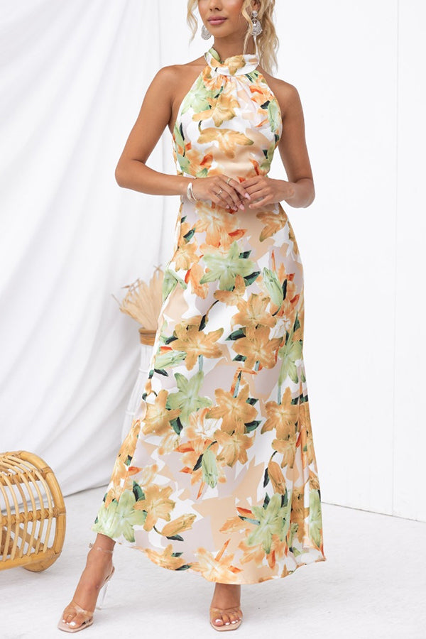 Satin Floral Halter Neck Backless Maxi Dress