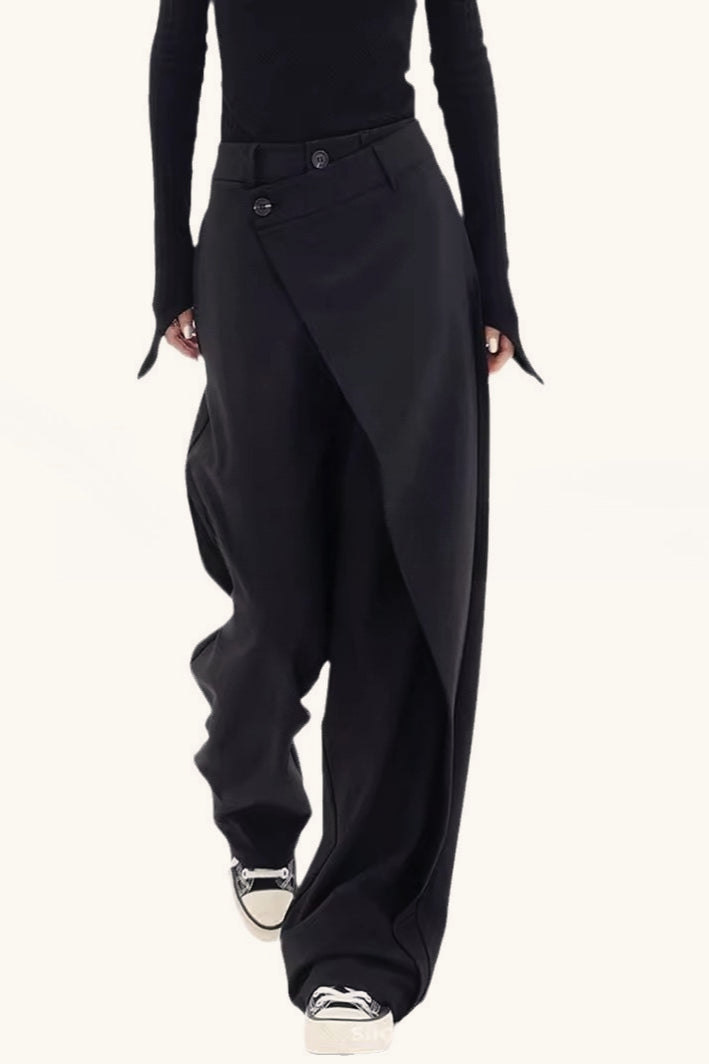 Asymmetric Wrap Front Button Waist Wide Leg Trousers