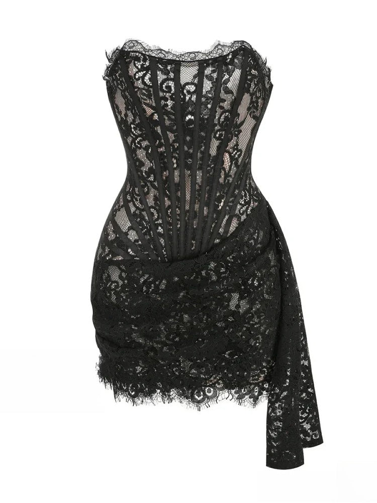 Lace Strapless Corset Boned Bodice Side Drape Mini Dress 7
