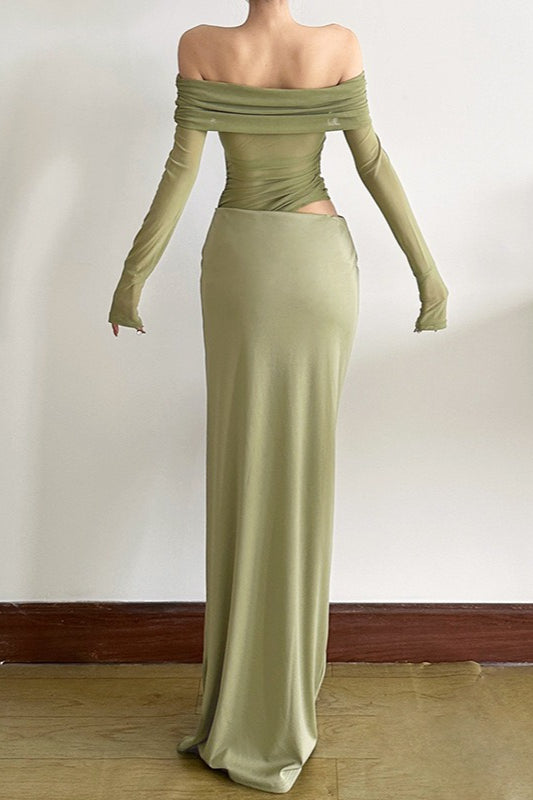 Off Shoulder Long Sleeve Sheer Mesh Ruched Bodycon Maxi Dress